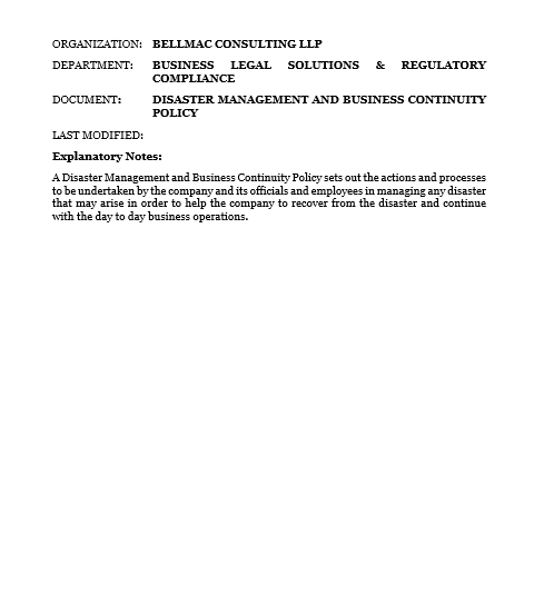 Disaster Management and Business Continuity Policy document preview